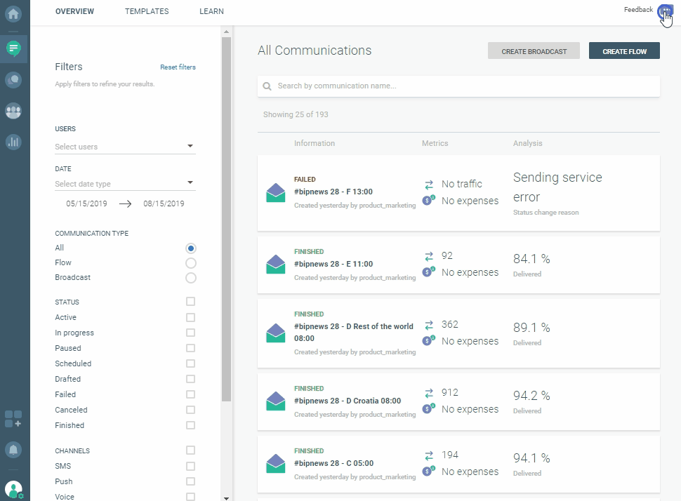 Infobip web interface - feedback button