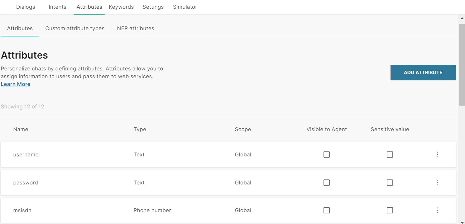 Example of attributes for banking bot