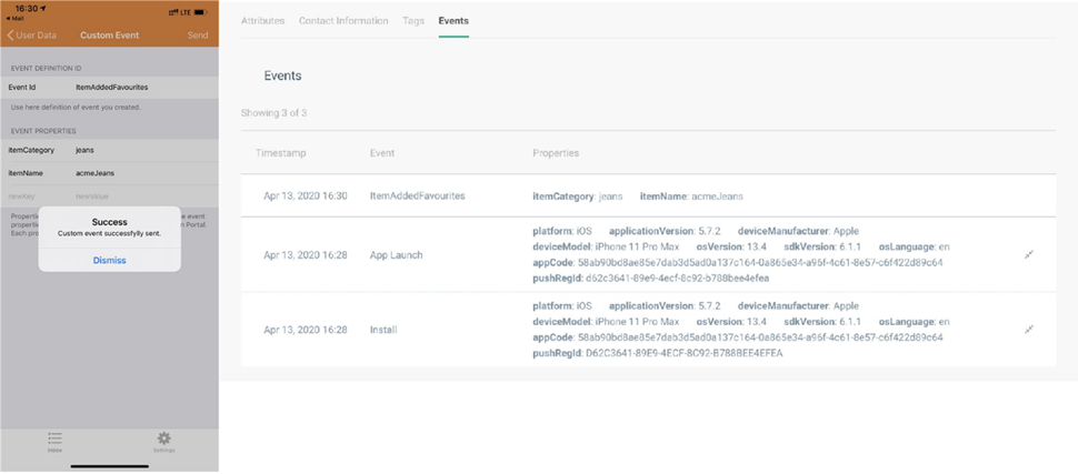 Mobile app messaging - custom app demo application with custom events