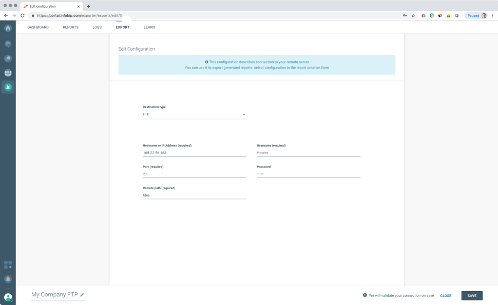 Analyze - configure export destination