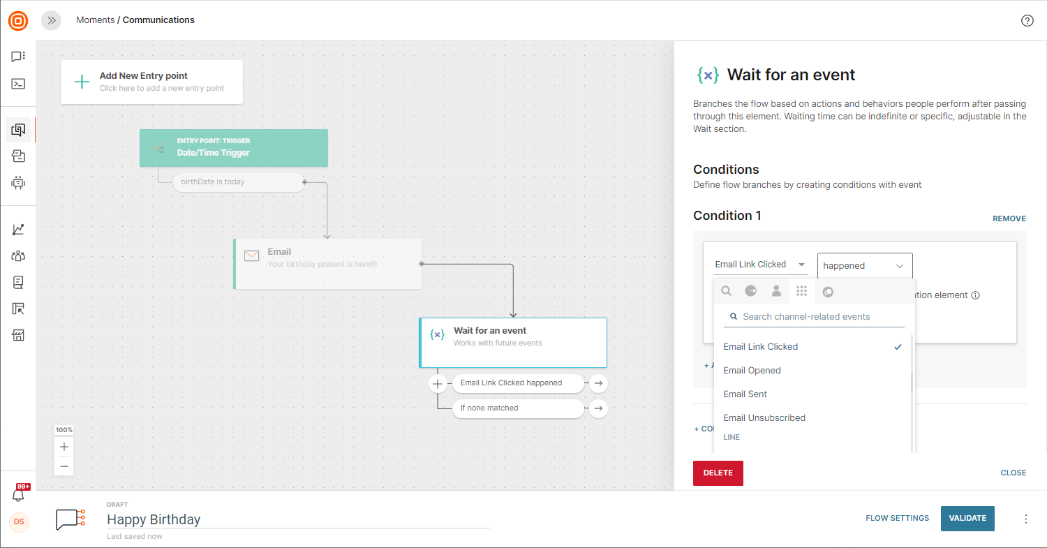 events in email on communication platform