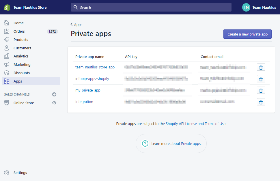 Conversations - Shopify private apps