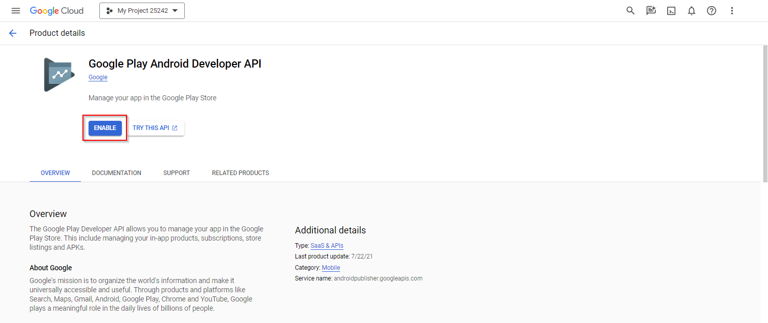 google cloud console enable api