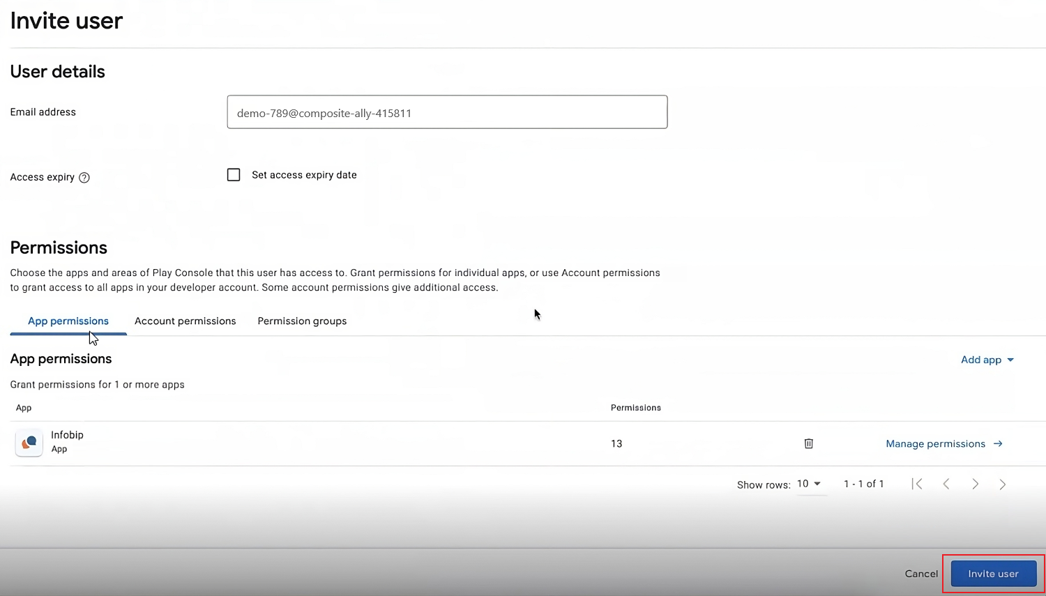 google play console invite user settings