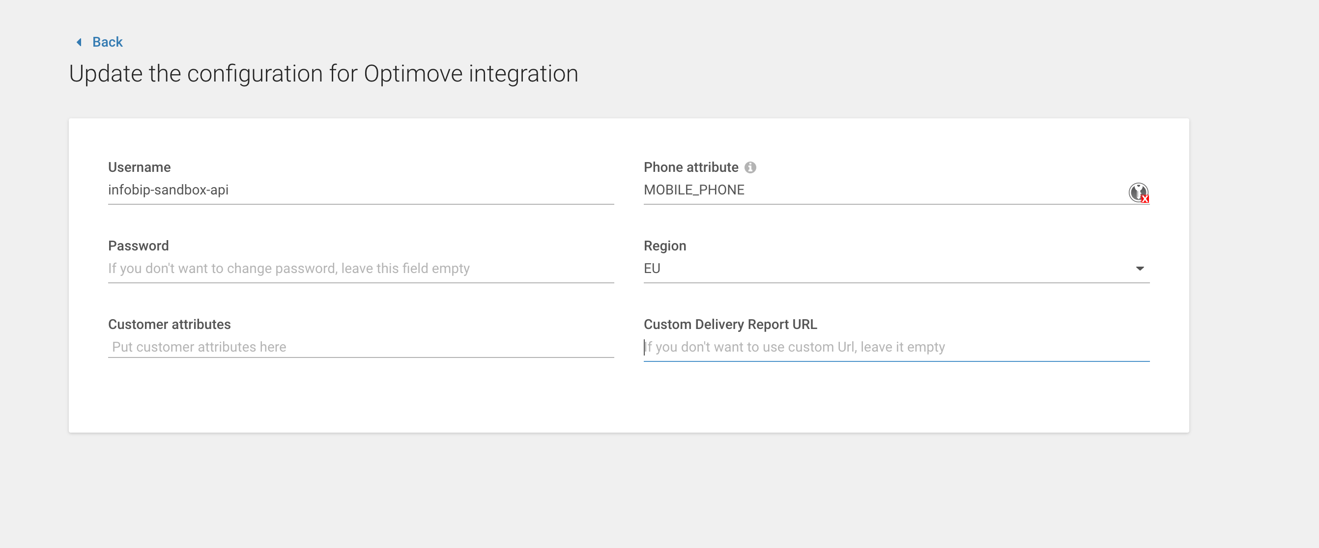 Optimove configuration credentials