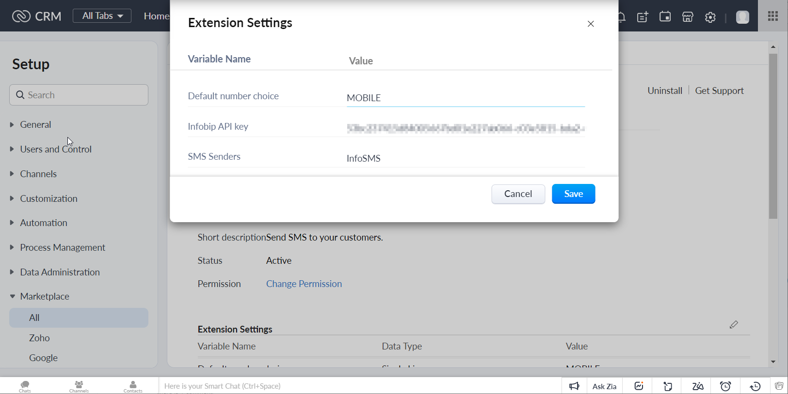 Zoho messaging API key