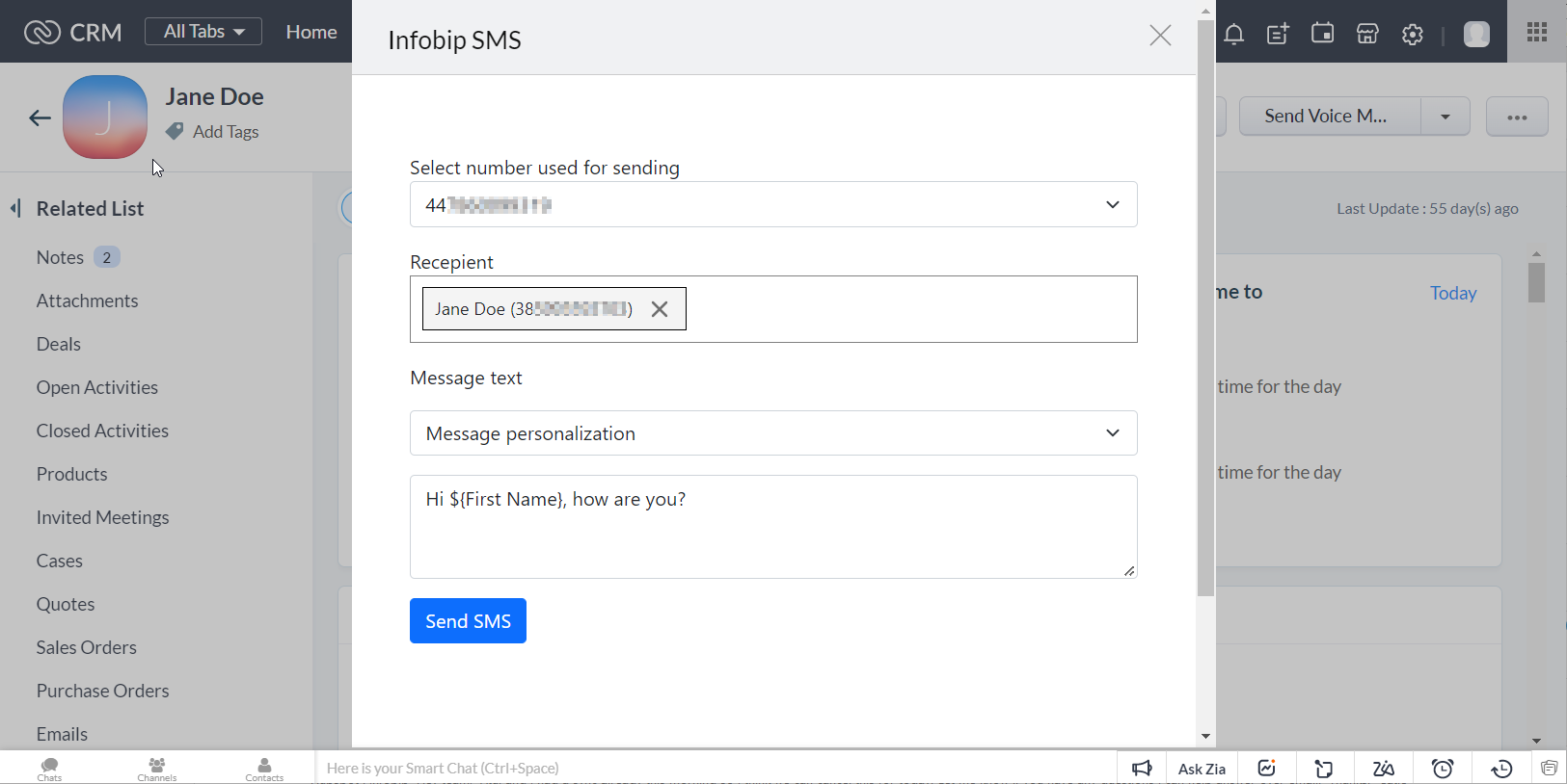 Zoho messaging SMS number