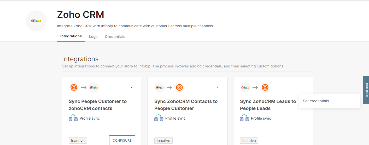 Zoho set credentials