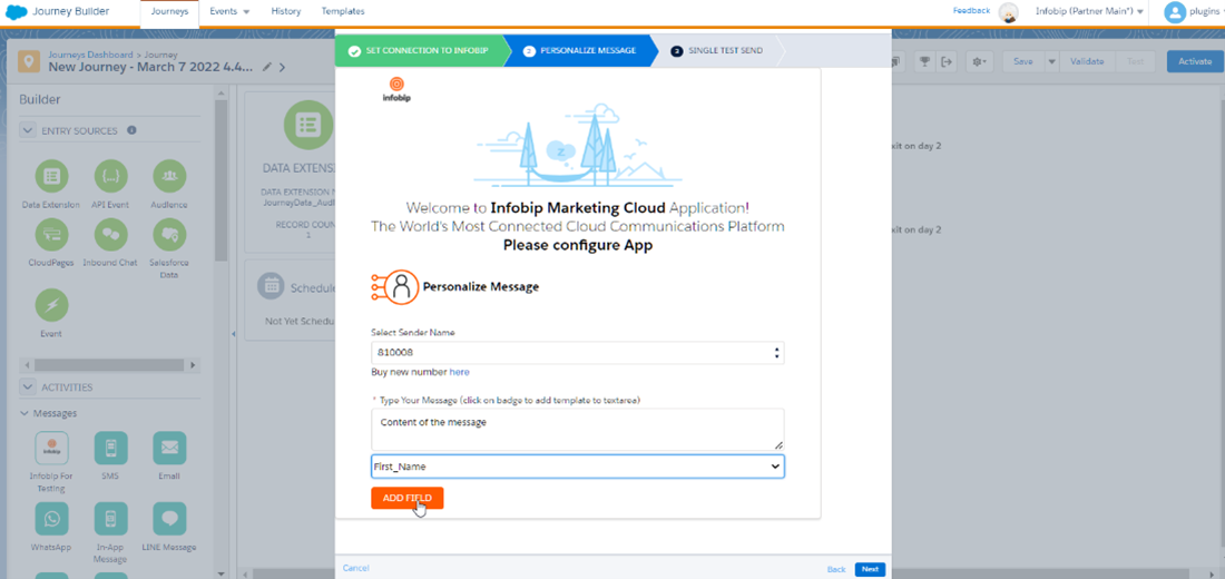 Setup for including SMS in a journey